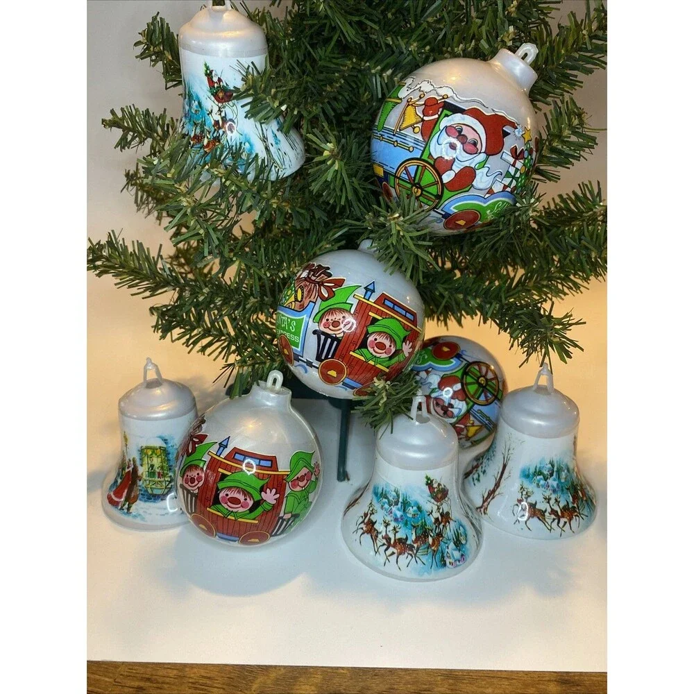 Vintage Christmas Tree Ornament Santa Express Train Elves Sleigh Deer Ball Bell
